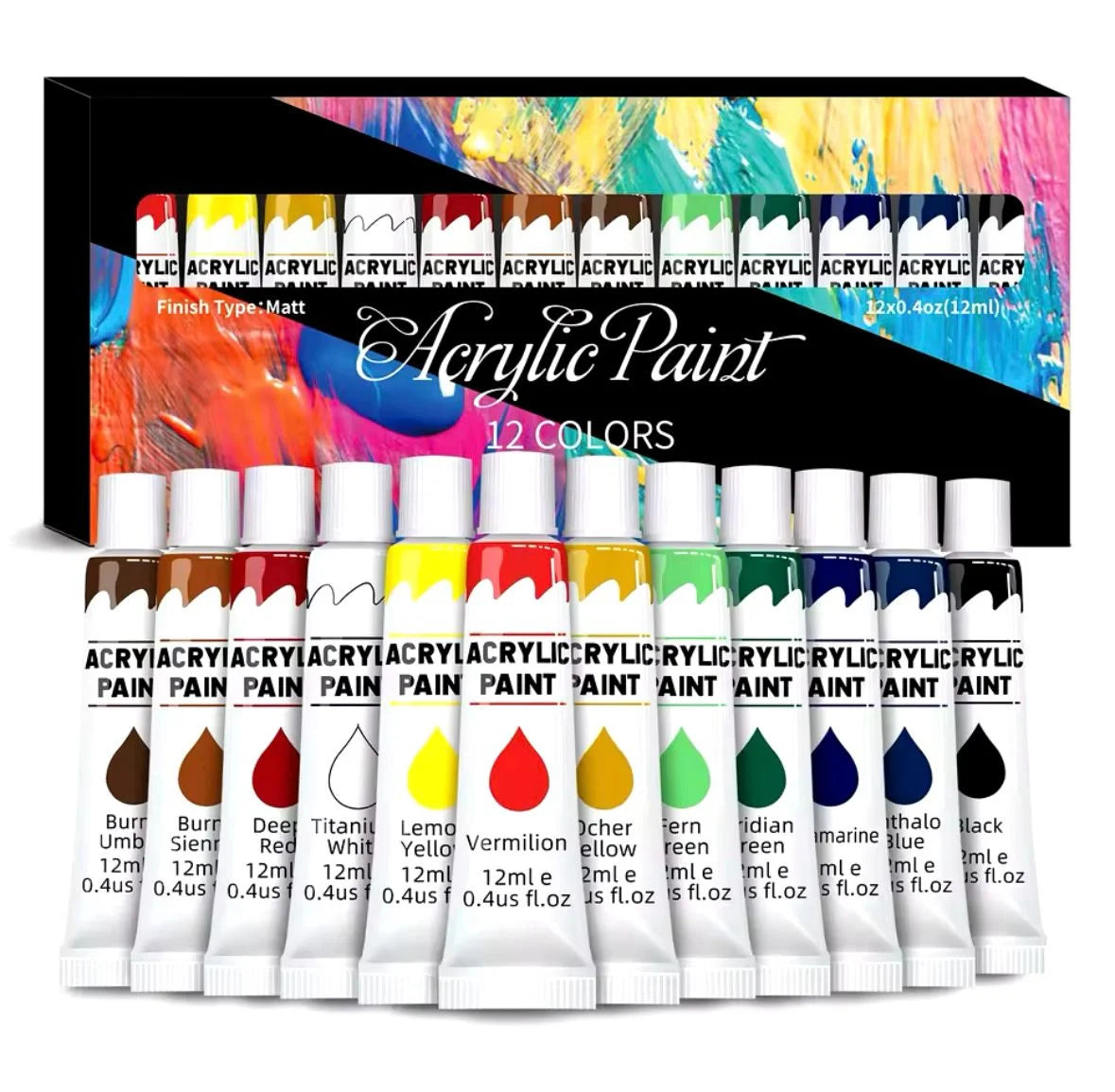 Premium 12-Color Acrylic Paint Set – 12ml Tubes – Smooth, Non-Toxic, Easy to Blend